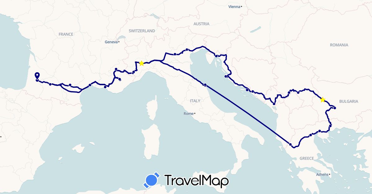 TravelMap itinerary: driving in Bosnia and Herzegovina, Bulgaria, France, Greece, Croatia, Italy, Montenegro, Serbia (Europe)